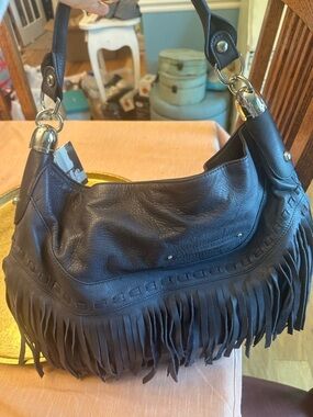 B Makowsky Navy blue  Fringe Tassel Purse Leather Shoulder Bag Vintage NWT